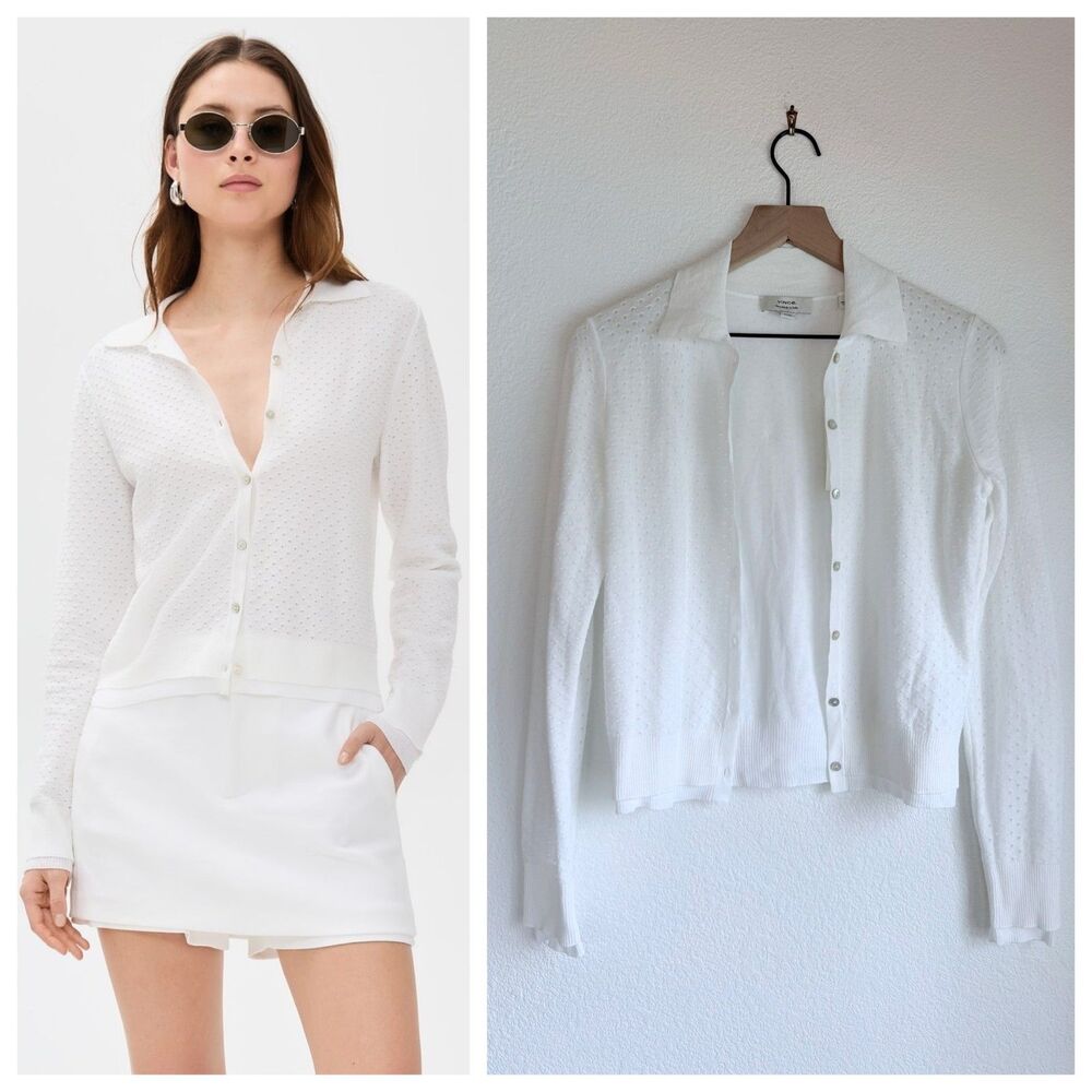 NWT Vince Double Layer Mesh Cardigan Optic White Cream Size XS NEW BUT FLAWED